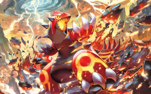 HD desktop wallpaper featuring Primal Groudon from Pokémon: Omega Ruby and Alpha Sapphire, displaying the legendary Pokémon in a dynamic fiery environment.