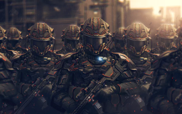 HD desktop wallpaper featuring a group of futuristic sci-fi soldiers in advanced military armor, poised for action in a gritty, industrial setting.