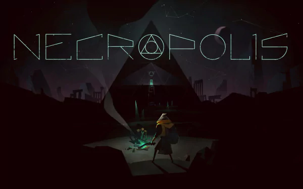 HD wallpaper of a Necropolis game with a stylized character battling in a dark, angular graveyard under a starry sky.