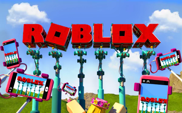 HD Roblox themed desktop wallpaper featuring the game's logo and in-game items against a blue sky.
