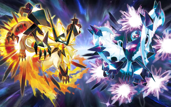 HD desktop wallpaper featuring Lunala and Solgaleo from Pokémon Ultra Sun and Ultra Moon, showcasing dynamic, vibrant artwork in a cosmic background.