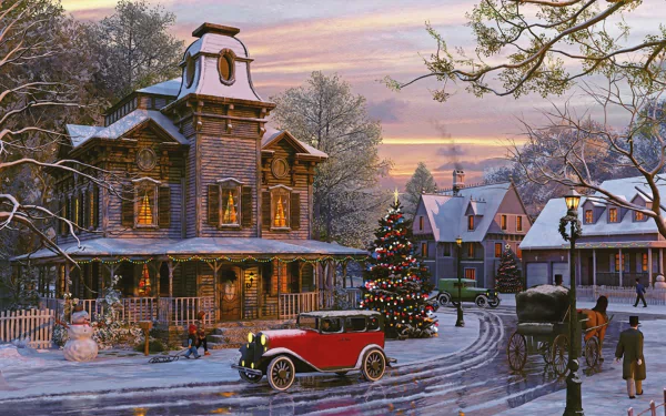 HD artistic painting of a snowy street with vintage cars, a decorated Christmas tree, and warmly lit houses, capturing a festive holiday scene.