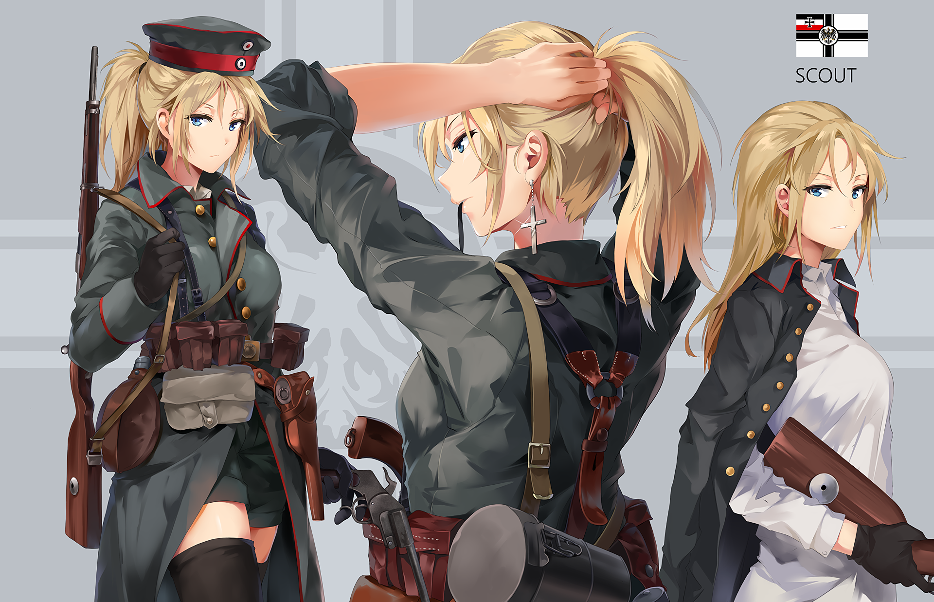 An anime character dressed as a scout in a military-style outfit with thigh highs, belt, hat, gloves, cross earrings, and a pistol. HD desktop wallpaper with three poses.