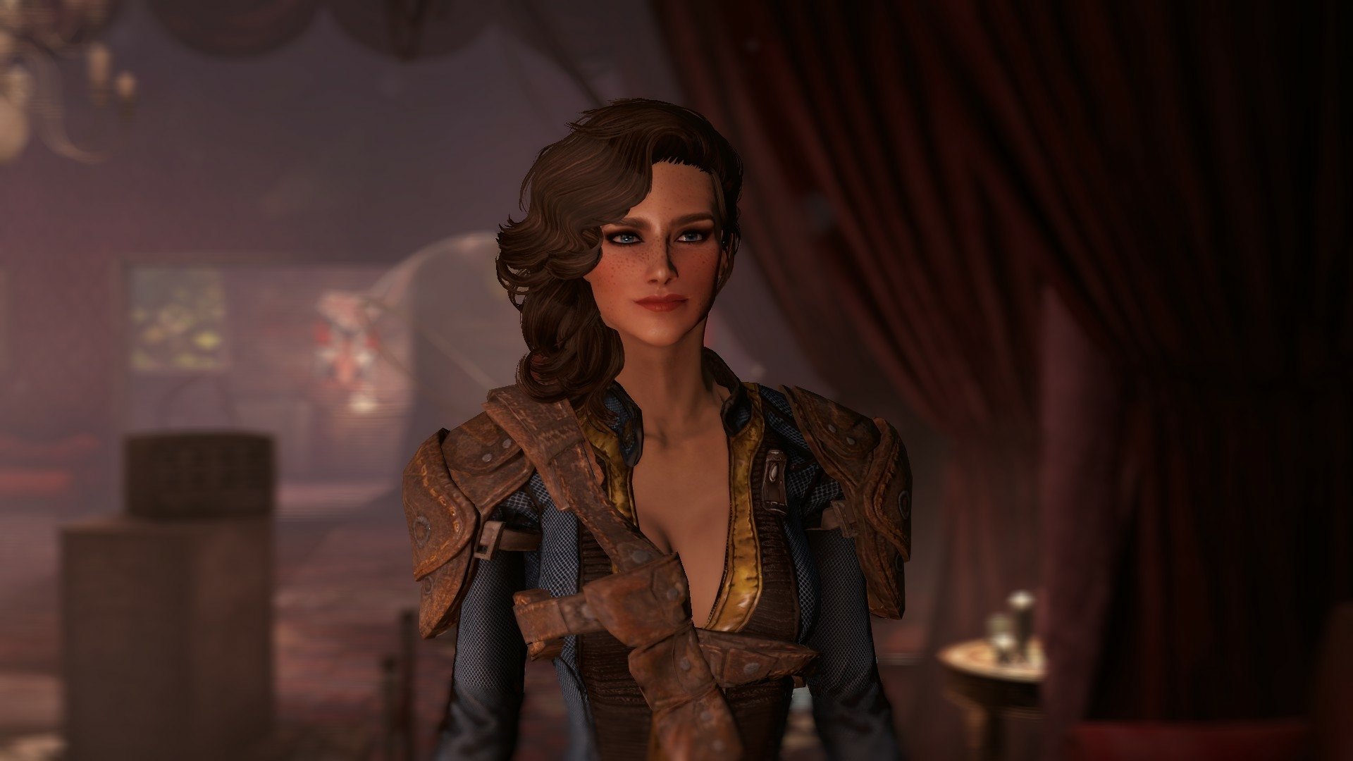 HD PC desktop wallpaper featuring a female character from the video game Fallout 4, set in a dimly lit, atmospheric environment.