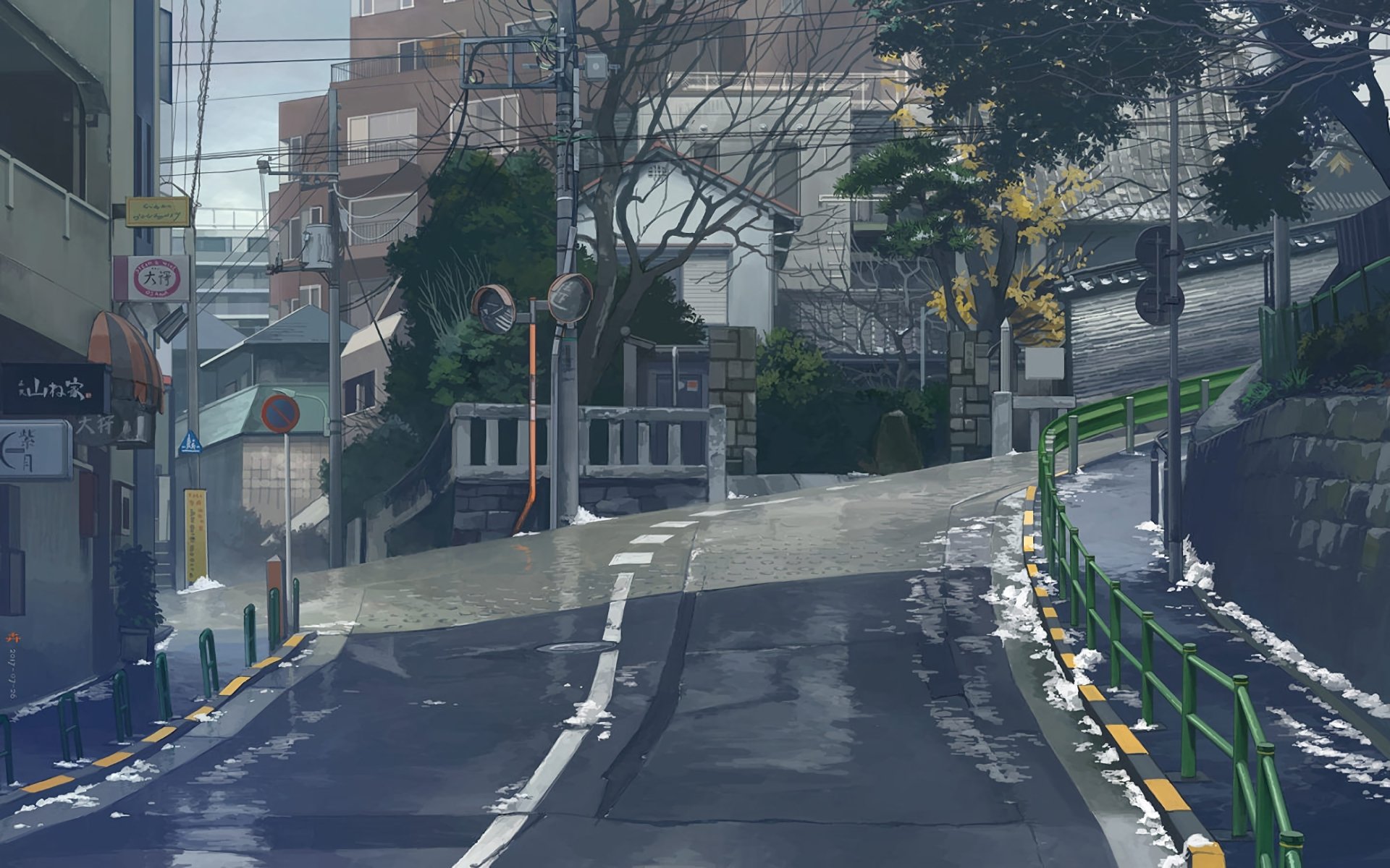 An HD anime original artwork of a serene urban street scene, showcasing a slightly sloping road, surrounding buildings, and trees. Available as a desktop wallpaper and background.