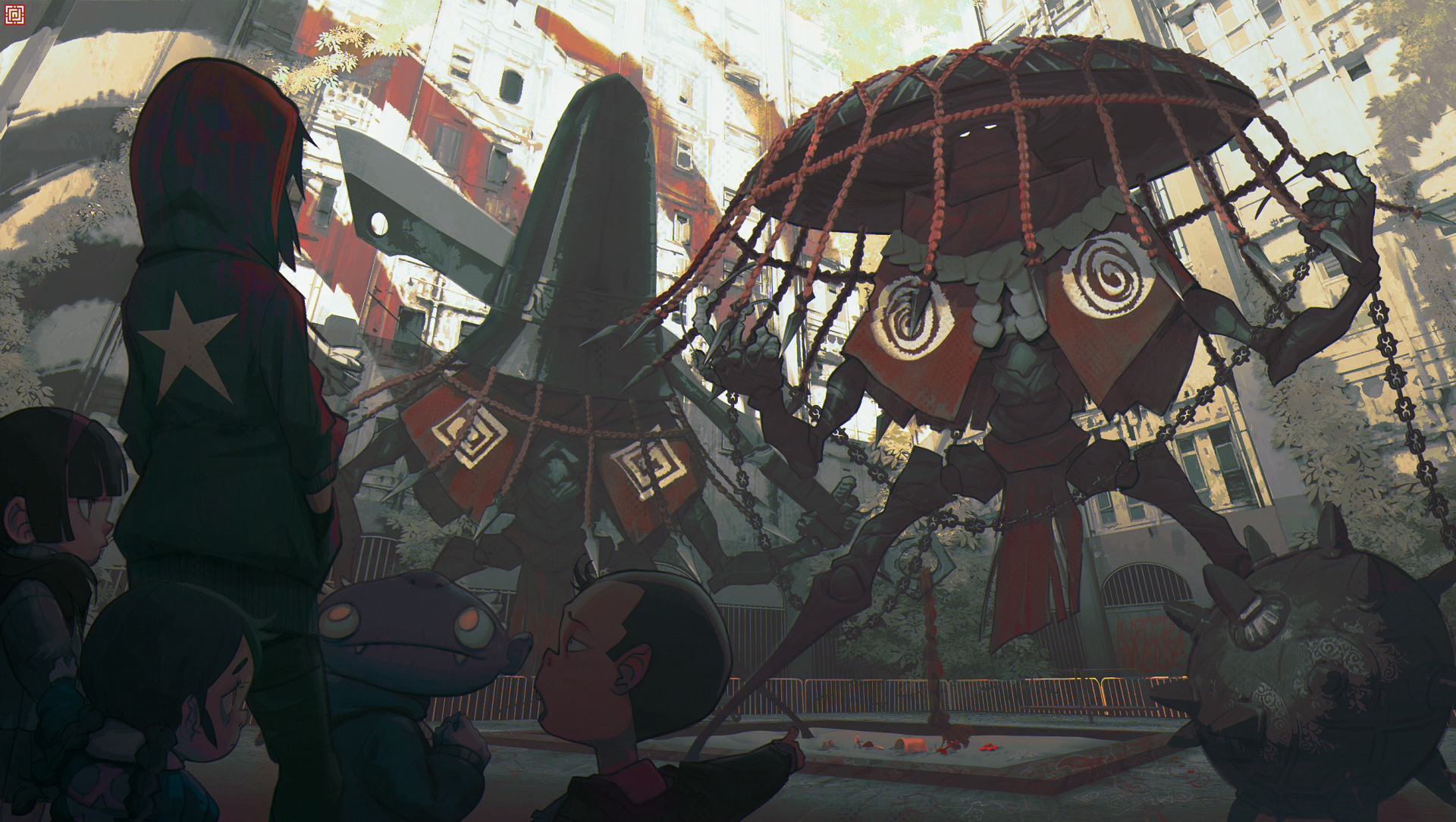 HD sci-fi desktop wallpaper depicting a child and a robot in a futuristic urban setting with towering mechanical structures and intricate details.