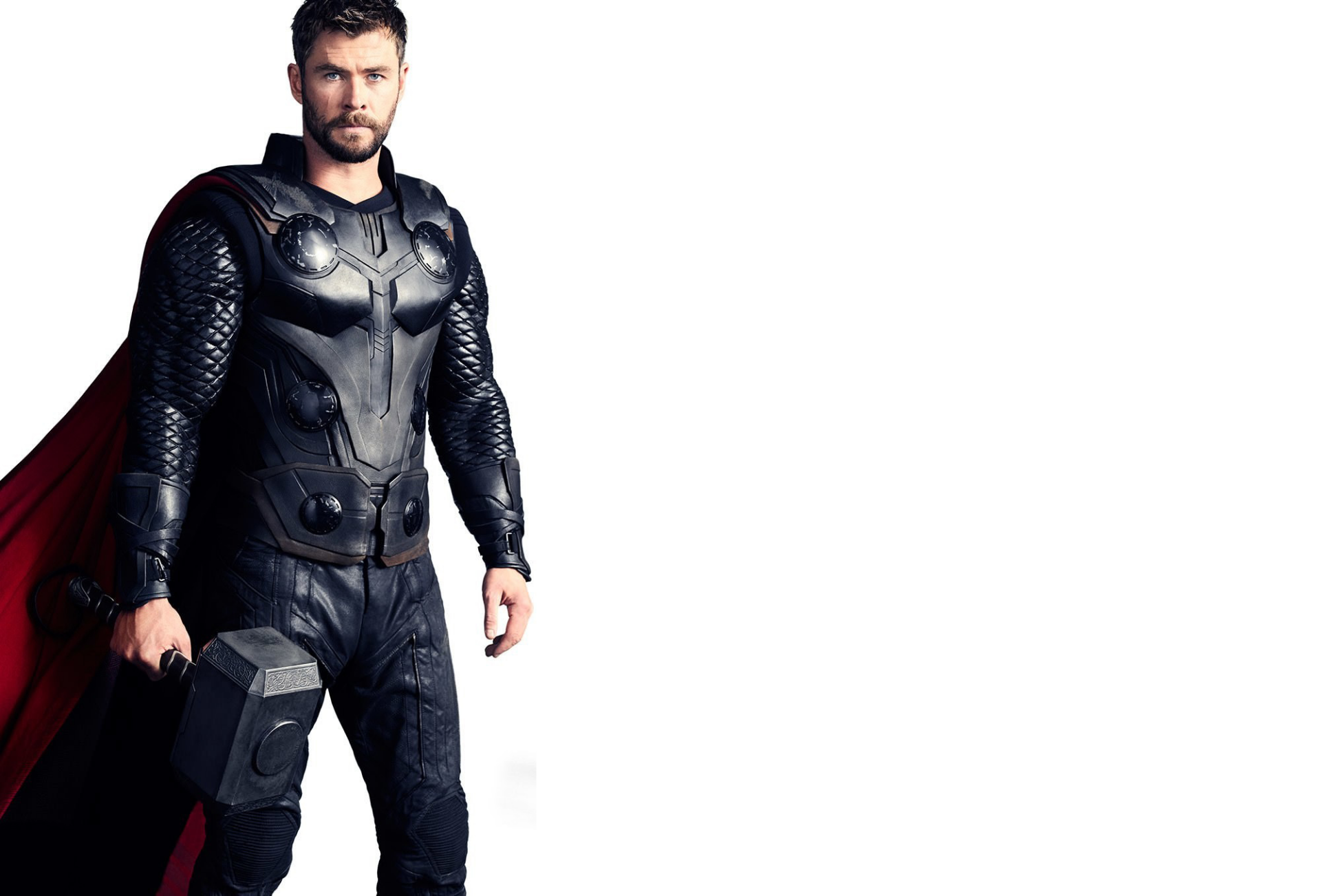 HD PC desktop wallpaper featuring Chris Hemsworth as Thor from the movie Avengers: Infinity War, holding his iconic hammer against a white background.