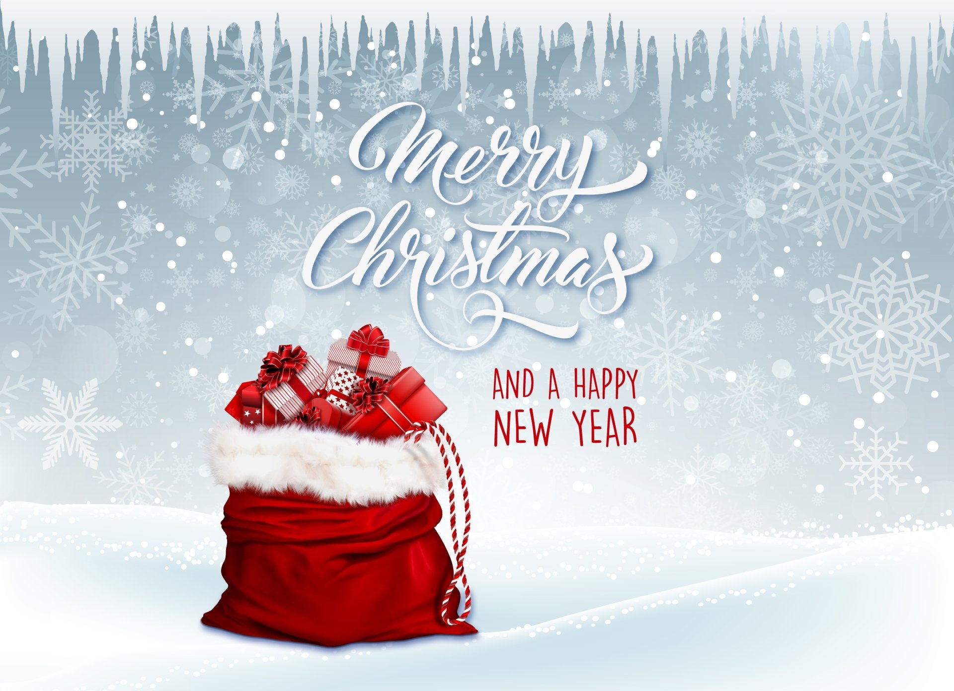 HD desktop wallpaper featuring a festive red bag filled with gifts on a snowy background with snowflakes, icicles, and the festive message Merry Christmas and a Happy New Year.