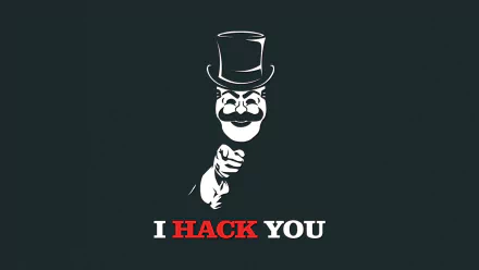 HD desktop wallpaper featuring an image related to the TV show Mr. Robot, depicting a vintage-style man in a top hat pointing with the text I Hack You below.