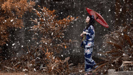 Brunette Asian woman in a blue kimono holds a red umbrella amidst snowfall, set against a richly detailed natural background in 4K Ultra HD.