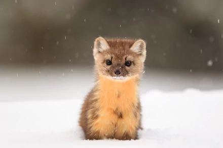 A cute American marten stands in the snow as gentle snowfall creates a serene winter scene, captured in high-definition for a PC desktop wallpaper.