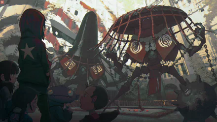 HD sci-fi desktop wallpaper depicting a child and a robot in a futuristic urban setting with towering mechanical structures and intricate details.