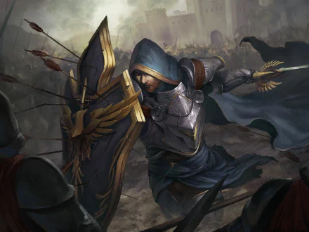 A fantasy warrior in a hooded cloak and shining armor defends with a shield amid a chaotic castle battle, arrows embedded in the shield, wielding a sword in a high-stakes clash. HD wallpaper background.