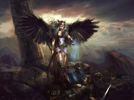 HD fantasy desktop wallpaper depicting a powerful angel warrior with dark wings standing over a fallen foe in a dramatic, stormy battlefield setting.