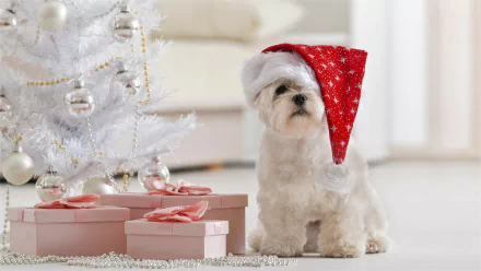 A cute Maltese dog in a Santa hat sits beside a white Christmas tree adorned with ornaments and pink gift boxes. This festive HD desktop wallpaper captures the holiday spirit perfectly.