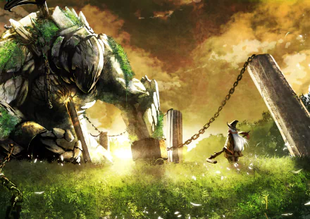 An HD anime wallpaper showcasing a towering giant adorned in moss and chains, facing a lone character in a grassy field under a bright, dramatic sky.