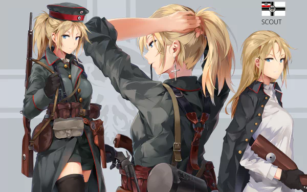 An anime character dressed as a scout in a military-style outfit with thigh highs, belt, hat, gloves, cross earrings, and a pistol. HD desktop wallpaper with three poses.