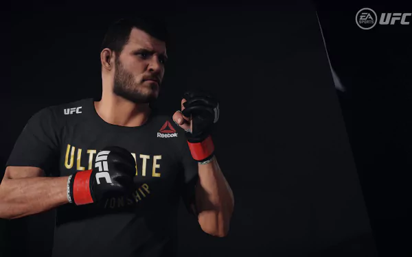 HD desktop wallpaper featuring a poised fighter from EA Sports UFC 3 video game, with UFC and Reebok branding visible.