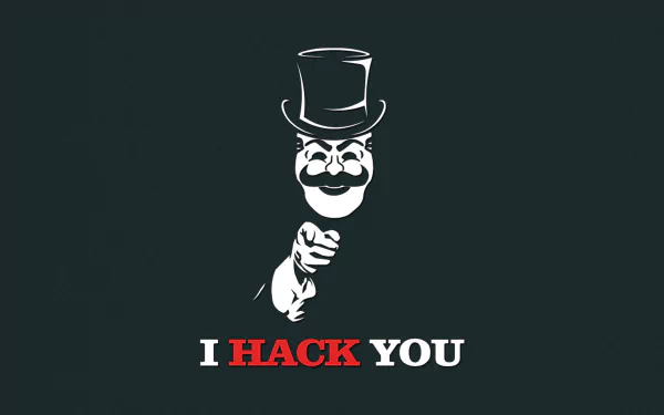 HD desktop wallpaper featuring an image related to the TV show Mr. Robot, depicting a vintage-style man in a top hat pointing with the text I Hack You below.