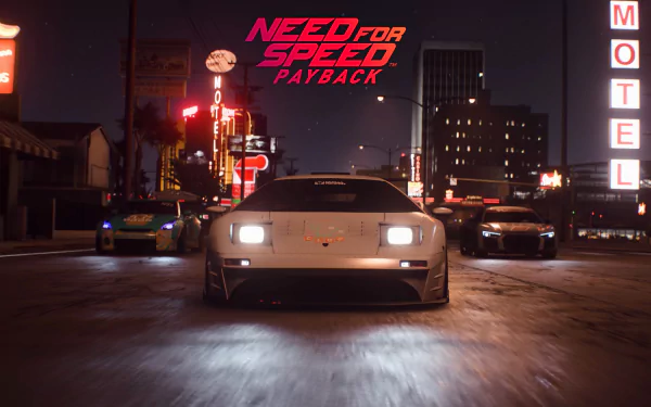 Front-facing Lamborghini Diablo car in neon city streets at night, Need for Speed Payback logo overhead — 4K Ultra HD PC desktop wallpaper from the Need for Speed video game.