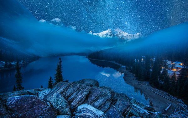 Photography Winter Moraine Lake Canada Snow Lake Forest Night Stars Starry Sky Fog HD Wallpaper | Background Image