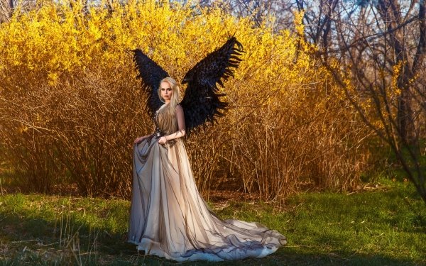 Women Angel Wings Forest Fall Model Blonde HD Wallpaper | Background Image