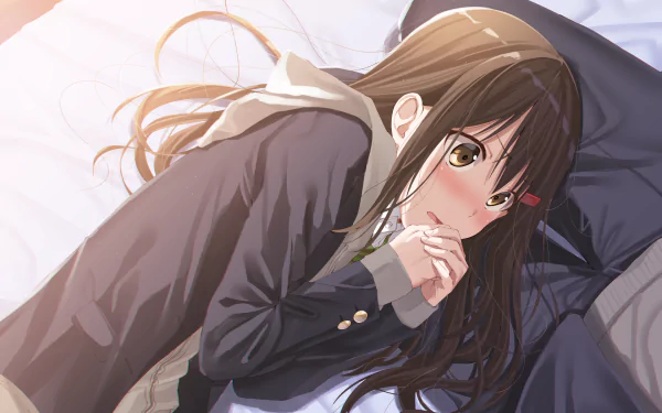 Anime-style HD desktop wallpaper featuring an original character with brown eyes and brown hair, lying on a bed with a contemplative expression.