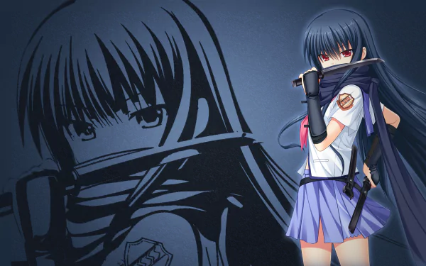 HD anime desktop wallpaper featuring a character from Angel Beats! holding a sword with a dark, intense background and striking red eyes.