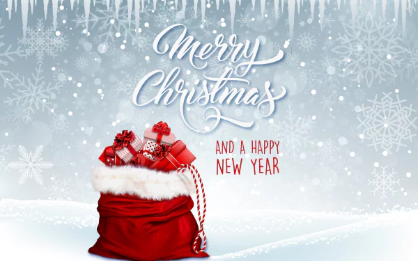 HD desktop wallpaper featuring a festive red bag filled with gifts on a snowy background with snowflakes, icicles, and the festive message Merry Christmas and a Happy New Year.