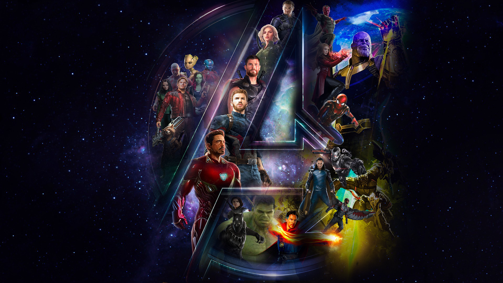 HD desktop wallpaper featuring the Avengers, including Black Panther, Iron Man, Thor, and others, from Marvel's Avengers: Infinity War against a cosmic backdrop.