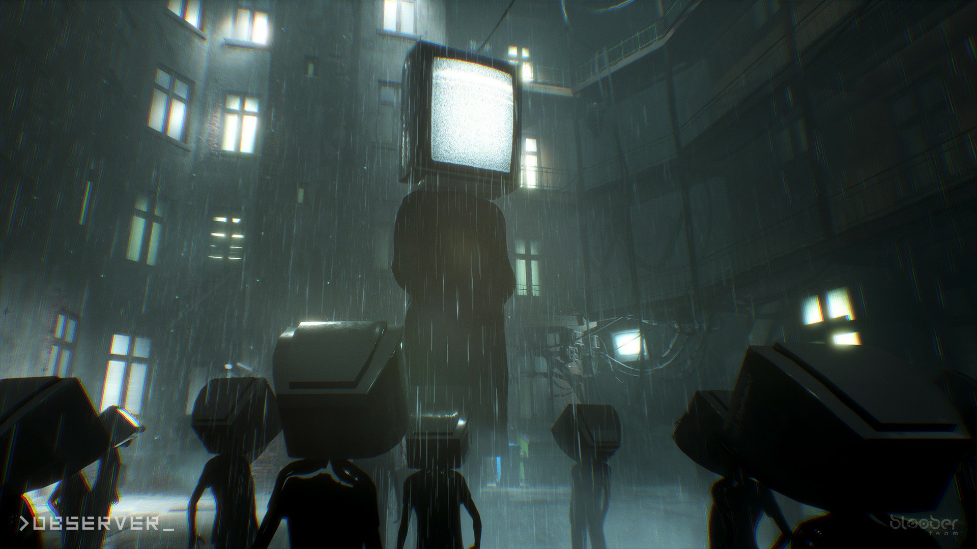 HD desktop wallpaper of Observer game, featuring dark silhouettes with screen heads in a rainy, cyberpunk setting.