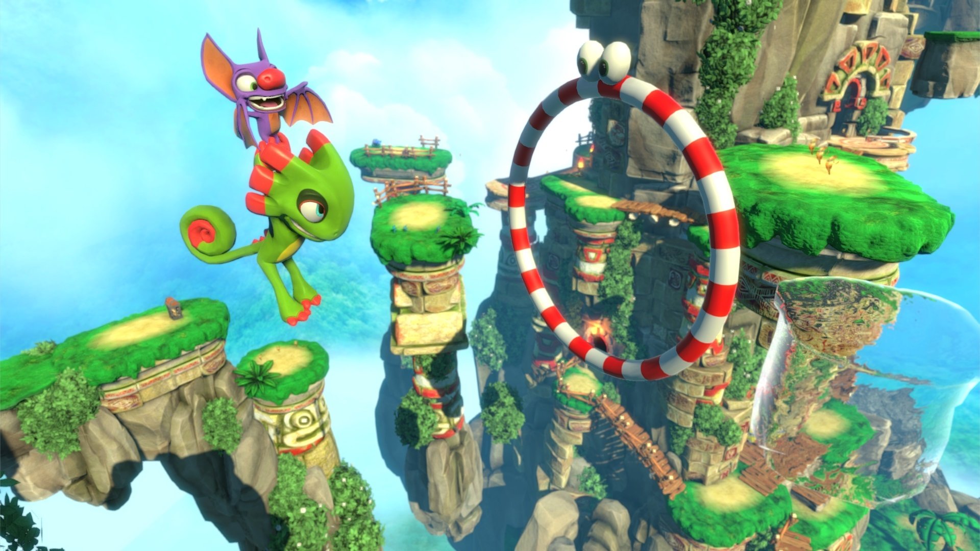 HD desktop wallpaper of Yooka-Laylee featuring the characters flying through a ring above vibrant floating islands.