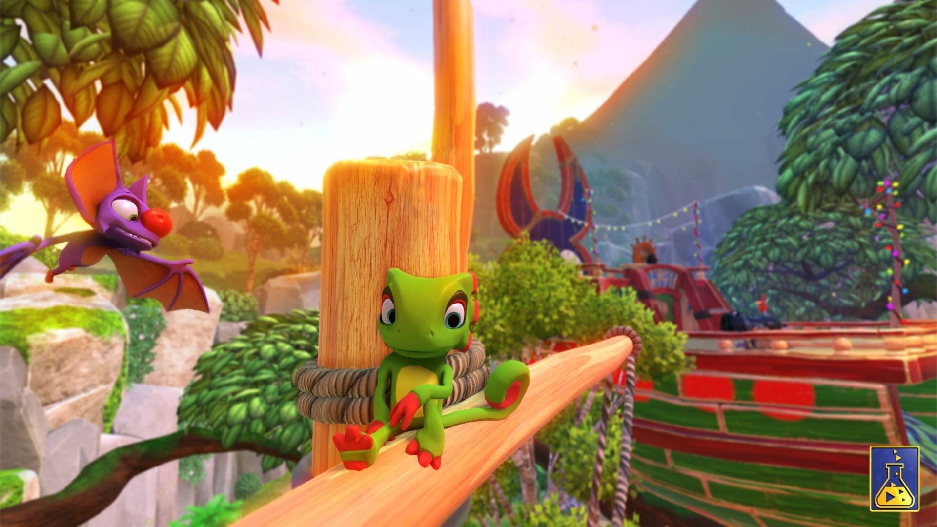 HD desktop wallpaper of Yooka-Laylee game featuring the main characters Yooka and Laylee in a vibrant, colorful landscape.