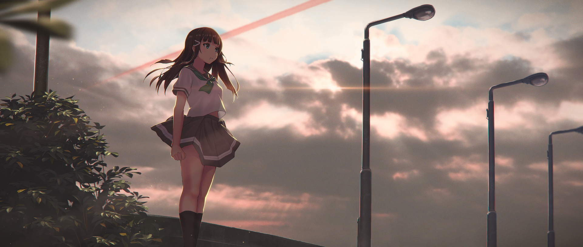 HD anime desktop wallpaper featuring Dia Kurosawa from Love Live! Sunshine!! standing beside a streetlamp under a cloudy, fading sunset sky.