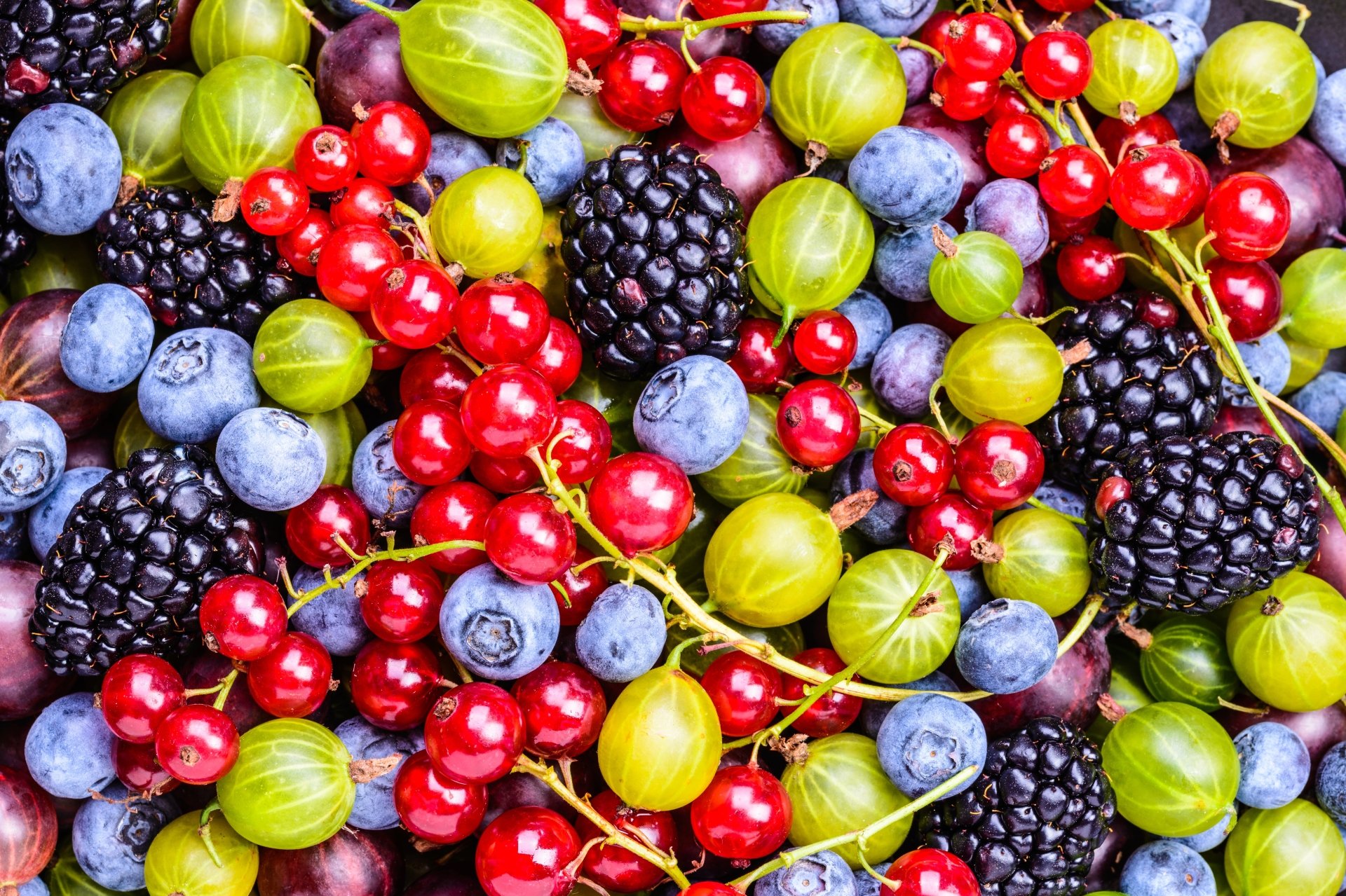 Vibrant close-up of assorted berries including blackberries, blueberries, currants, and gooseberries, captured in stunning 4K Ultra HD as a vivid food wallpaper.