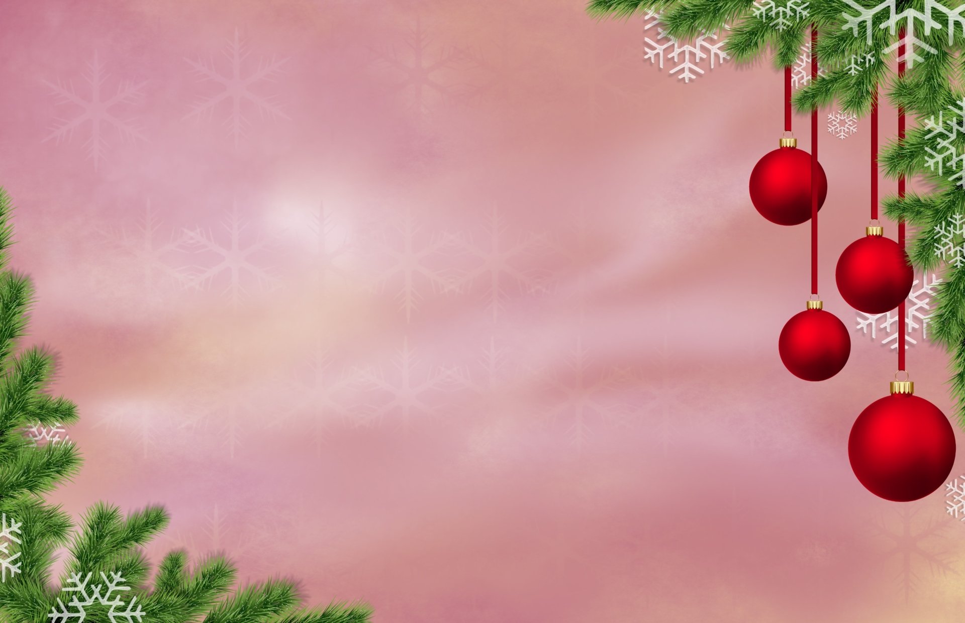 HD minimalist Christmas holiday wallpaper featuring red baubles and green pine branches against a soft pink background with snowflake accents.