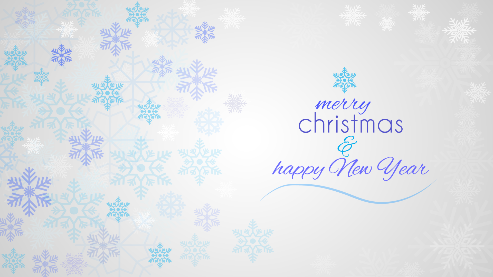 HD desktop wallpaper featuring blue and purple snowflakes with Merry Christmas & Happy New Year text on a light, festive holiday background.
