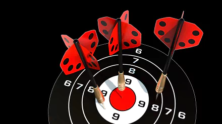 HD PC desktop wallpaper showing a man-made dartboard with three red darts clustered in the bullseye against a black background.