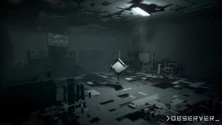 HD wallpaper depicting a dark, futuristic room with floating debris and the word OBSERVER illuminated at the bottom.