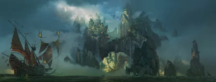 HD desktop wallpaper featuring the dark, mysterious cityscape of Bilgewater from League of Legends, surrounded by treacherous cliffs and misty waters.