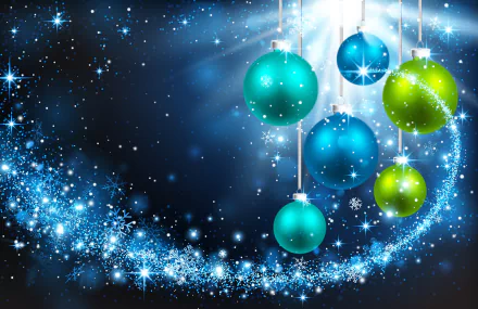 A 4K Ultra HD Christmas wallpaper featuring sparkling turquoise, green, and blue holiday ornaments against a dark starry background with shimmering sparkles.