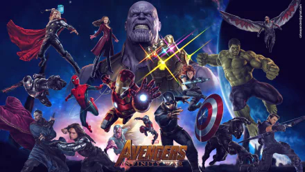 HD desktop wallpaper featuring Avengers: Infinity War characters Thor, Wanda Maximoff, Thanos, Hulk, Falcon, Spider-Man, Iron Man, Captain America, Black Panther, Black Widow, and more in a dynamic battle scene.