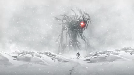 HD desktop wallpaper featuring a scene from the video game Fade to Silence, showing a lone character in a snowy landscape confronting a large, menacing creature with a glowing red eye.