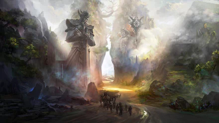 A HD fantasy adventure wallpaper featuring a group journeying through a mystical landscape with giant statues, dramatic mountains, and vibrant lighting.