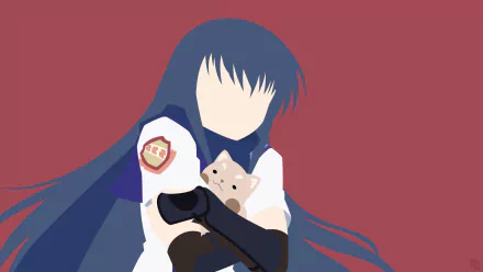 Minimalist HD anime wallpaper featuring Shiina from Angel Beats!, holding a small dog against a solid muted red background.