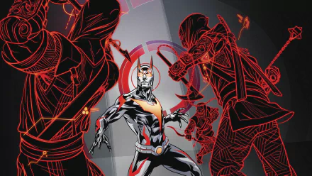 HD desktop wallpaper featuring Batman from DC Comics' Batman Beyond. Batman is central, flanked by two red, outlined figures creating a dynamic and intense comic-style backdrop.