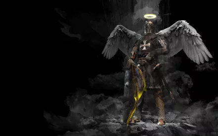 HD desktop wallpaper of a fantasy warrior knight with wings, holding a glowing sword and a shield, standing against a dark, smoky background. The knight has a halo above their helmet.