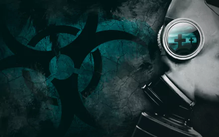 Dark 4K Ultra HD wallpaper featuring a gas mask close-up with a reflective cross and a large biohazard symbol on a cracked, textured background.
