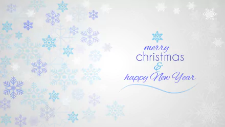 HD desktop wallpaper featuring blue and purple snowflakes with Merry Christmas & Happy New Year text on a light, festive holiday background.