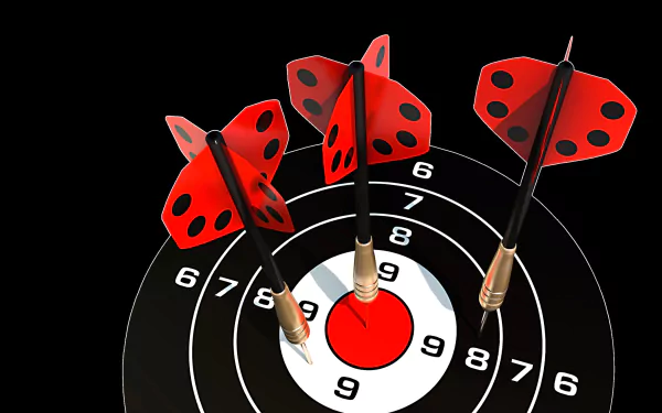 HD PC desktop wallpaper showing a man-made dartboard with three red darts clustered in the bullseye against a black background.
